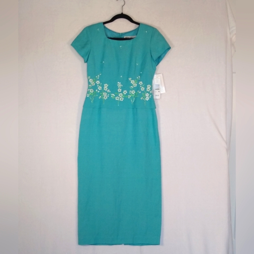 NWT Jessica Howard Teal Floral Mock 2pc Formal Dress Linen Blend 4P